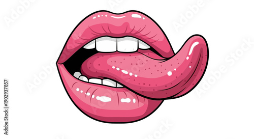 A close-up illustration of a pair of pink lips with a long, pink tongue sticking out and licking the lips.