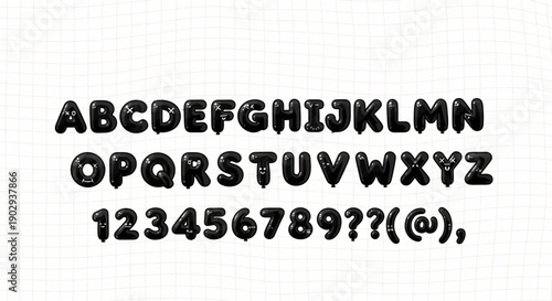 A set of black, glossy, bubble-like alphabet letters, numbers, and punctuation marks displayed on a white grid background.