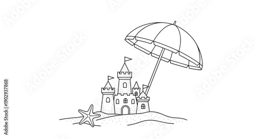 Simple line art drawing of a detailed sandcastle with flags and a starfish on the sand under a large beach umbrella on a white background.