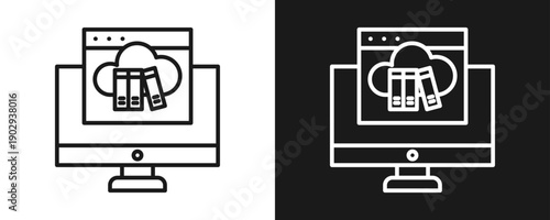 Cloud Library Icon Set Outline In White And Black Background