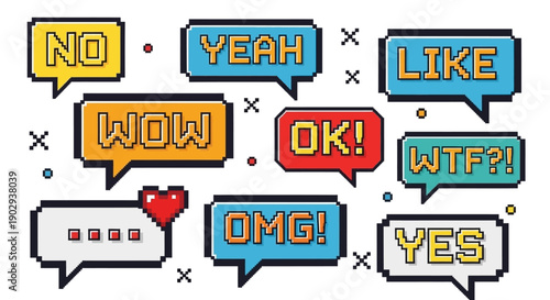 A collection of pixelated speech bubbles with various common expressions and symbols.