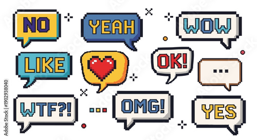 A collection of pixel art speech bubbles with various text and icons, including 'NO', 'YEAH', 'WOW', 'LIKE', a heart, 'OK!', 'WTF?!', 'OMG!', and 'YES'.