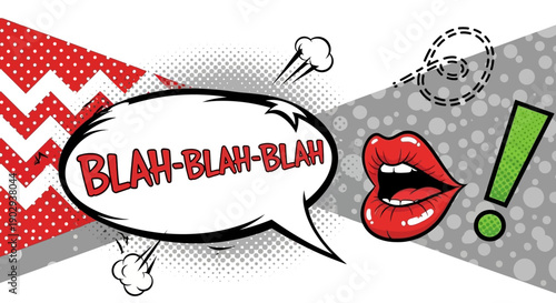 A comic-style illustration depicting a speech bubble with "BLAH-BLAH-BLAH" and red lips with an exclamation mark, symbolizing communication or lack thereof.
