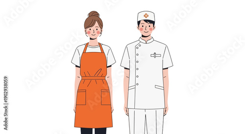 Illustration of a woman in an orange apron and a man in a white medical uniform standing side-by-side.