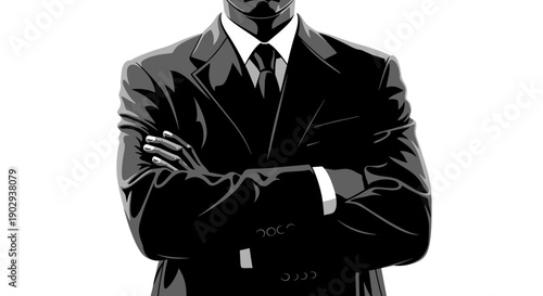 A black and white illustration of a man in a suit with his arms crossed.