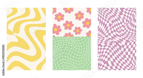 A collection of three retro-inspired graphic patterns featuring wavy lines, floral motifs, and distorted checkerboards in pastel colors.