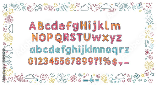 A playful, colorful, rounded font with uppercase, lowercase letters, numbers, and symbols, framed by a whimsical border of doodles.