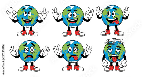 A cartoon illustration of Earth showing various emotions, from happy and playful to sick and exhausted, with different facial expressions and hand gestures.