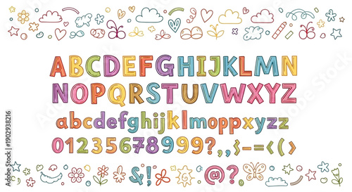 Colorful playful alphabet, numbers, and punctuation marks with decorative borders, perfect for children's designs and educational materials.
