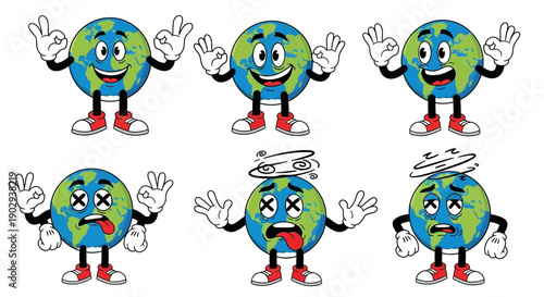 Cartoon Earth characters showing various states of health, from happy and healthy to sick and dizzy, symbolizing environmental well-being.
