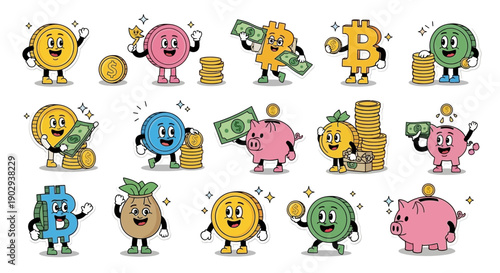 A collection of retro cartoon money characters, including coins, bitcoins, and piggy banks, with arms, legs, and expressive faces, interacting with cash and coin stacks.