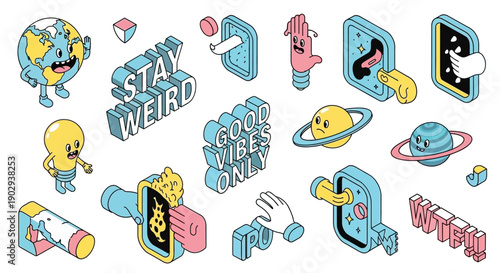 Isometric cartoon illustrations with surreal elements like planets, hands, portals, and quirky characters, featuring "Stay Weird" and "Good Vibes Only" text.