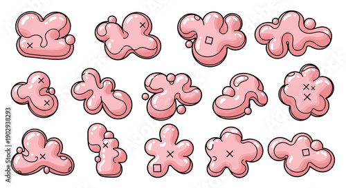 Set of various pink cartoon bubblegum or chewing gum blobs with glossy texture and outlines, isolated on white background.