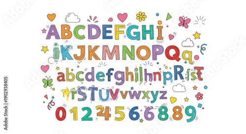 Colorful alphabet letters and numbers with playful decorations for children's learning.