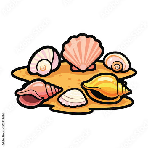 A pile of colorful seashells on sand