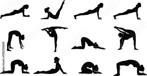 Collection of women silhouettes practicing yoga and pilates floor exercises including plank cobra and bridge poses.
