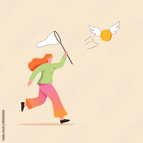 Vector illustration of a woman with a net trying to catch a flying winged coin, symbolizing financial pursuit