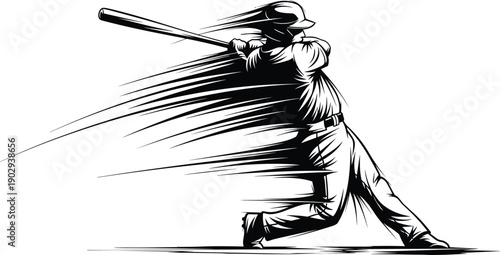 Dynamic vector silhouette of a baseball player swinging the bat fast with motion blur speed lines on white background.