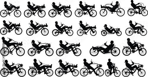 Vector set of silhouettes showing men and women riding recumbent bikes in relaxed reclining positions for comfortable fitness training.