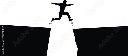Concept silhouette of a brave man jumping over a deep gap or abyss overcoming obstacles and challenges successfully.