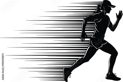 Dynamic vector silhouette of a female sprinter running very fast with speed motion lines on white background.