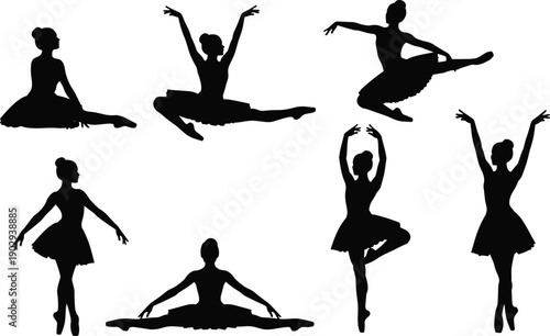 Elegant collection of ballerina silhouettes dancing in classic ballet tutus and performing graceful artistic poses on white.