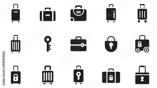 A collection of minimalist line art icons for travel, luggage, and security, featuring suitcases, locks, and keys in a sleek vector style