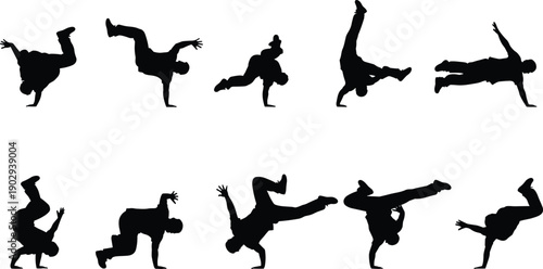 Set of dynamic vector silhouettes of male street dancers performing breakdance moves like handstands and spins on white background.