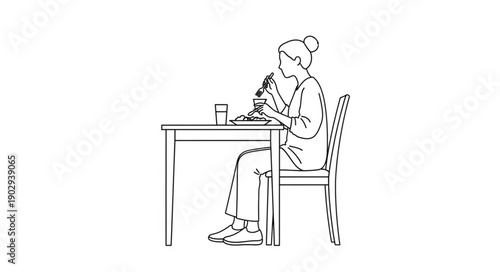 Woman sitting at a table eating food and drinking water.