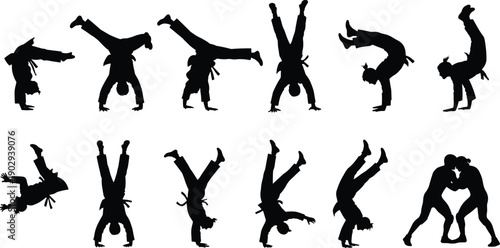 Dynamic vector silhouettes of martial arts fighters performing capoeira kicks handstands and judo wrestling throws on white background.
