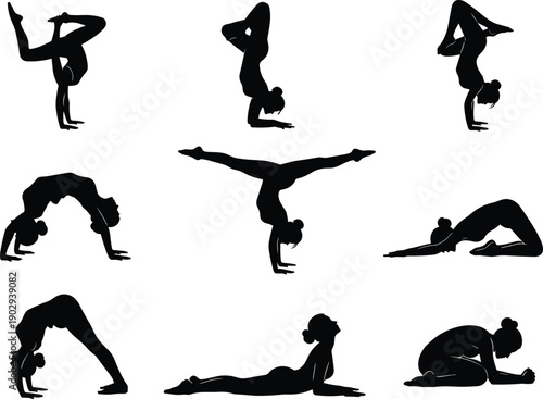Set of black vector silhouettes showing flexible woman practicing yoga and performing difficult contortionist stretching poses on white background.