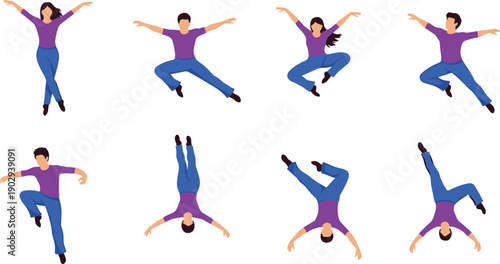 Collection of eight dynamic dance and acrobatic pose illustrations showing energetic movement, flexibility, and performance for choreography, fitness, and design projects