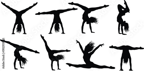 Collection of black gymnast silhouettes performing handstands and flexible splits showing strength and balance on a white background.