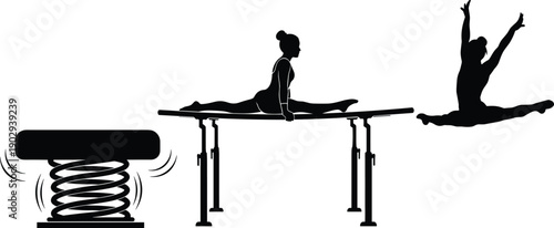 Vector silhouette of a female gymnast jumping over a vaulting horse and performing splits on uneven parallel bars.