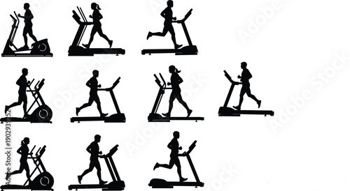 Set of gym fitness silhouettes showing men and women running and walking on treadmills for cardio workout training.