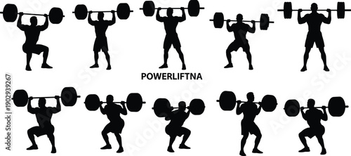 Vector set of strong male powerlifter silhouettes lifting heavy barbells and performing squats for bodybuilding and gym training.