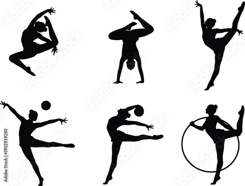 Collection of flexible rhythmic gymnastics silhouettes showing girls performing with ball and hoop and doing handstands on white.