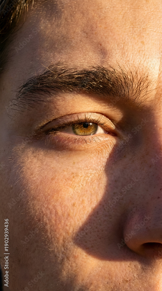Obraz premium close-up left eye, eyebrow, skin, nose details captured in photographic portrait from side view
