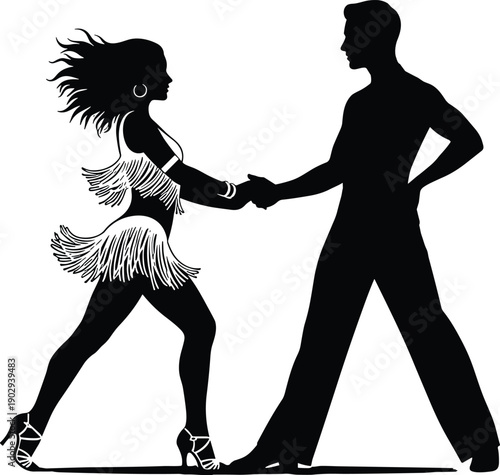 Dynamic silhouette of a professional dancer couple performing energetic latin salsa or ballroom dance steps together on stage.