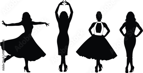 Elegant women fashion silhouettes in stylish dresses and dynamic poses, feminine figures illustration for beauty, glamour, dance, confidence, runway style, and modern lifestyle design projects