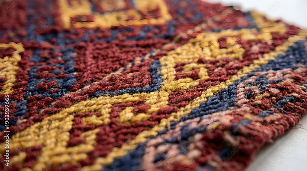 Fototapeta premium Macro close-up of traditional woven wool rug texture. Detailed persian kilim carpet pattern with red blue and gold threads. Bohemian interior fabric background.