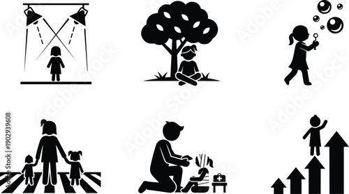 Set of black pictograms showing children life stages including playing reading blowing bubbles and parents caring for their kids.