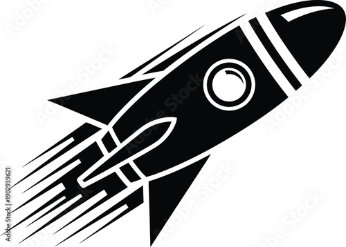 A black and white illustration of a rocket ship in flight