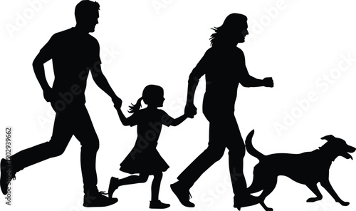 Active family silhouette showing parents and daughter holding hands running together with their pet dog on white background.