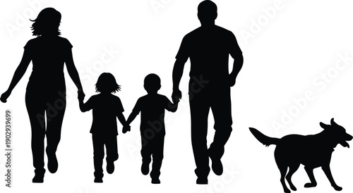 Front view silhouette of a happy family with two children and a dog walking forward holding hands together.