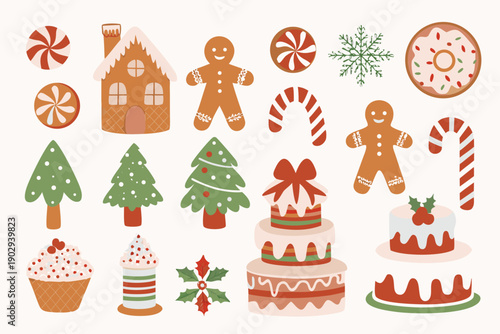 Festive collection of christmas treats and holiday decorations illustration