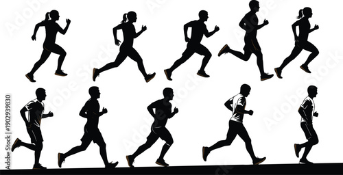 Dynamic collection of running people silhouettes showing men and women jogging and sprinting for fitness and sport training.