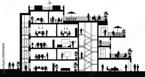 Architectural cross section silhouette of a modern multi-story building showing people working in offices and relaxing on balconies.