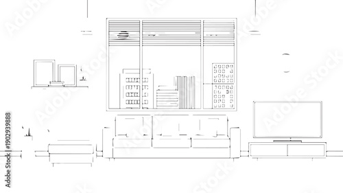 Modern Living Room Interior Design Blueprint A Detailed Minimalist Technical Line Drawing