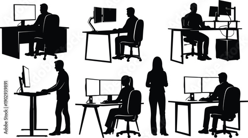 Set of office worker silhouettes sitting and standing at desks working on computers with single and dual monitors.
